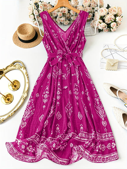 Damen Boho Maxikleid mit Gürtel und Vintage-Blumenmuster – Elegantes Sommerkleid für Freizeit, Strand & Gartenparty