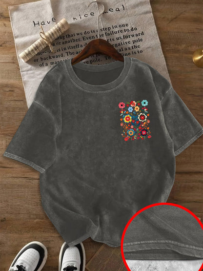 Damen T-Shirt mit Blumenstickerei und Vintage-Look – Freizeit & Alltagsstil