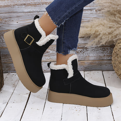 Damen Plateauschuh Winterstiefelette Schwarz mit Kunstfellfutter & Schnalle