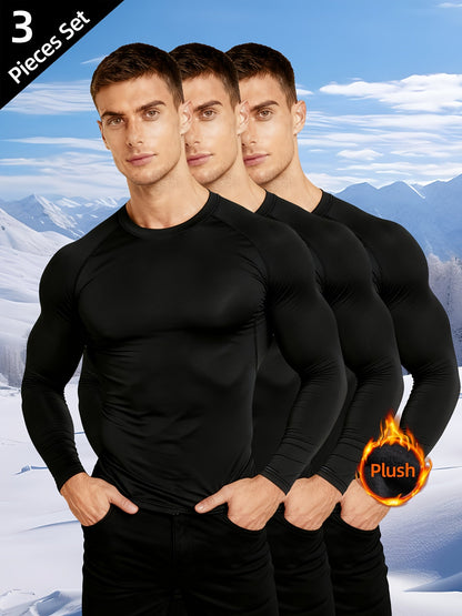 Herren Langarm Thermo Unterhemd Kompressionsshirt Rundhals Schwarz 3er-Set