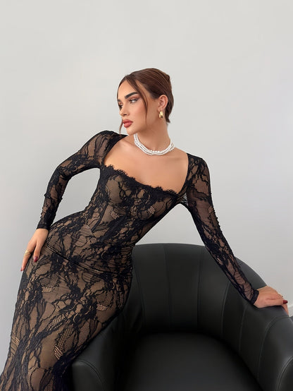 Damen Elegantes Bodycon Abendkleid mit Spitze und Langarm – Stilvolles Partykleid für besondere Anlässe