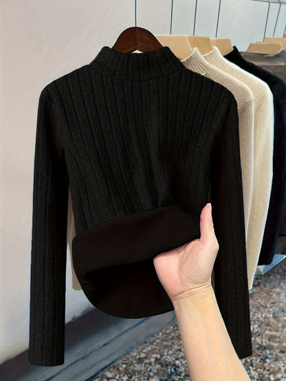Damen Pullover Rippstrick Stehkragen Warme Fleecefütterung Langarm