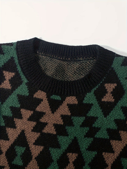 Unisex Pullover Rundhals mit Rautenmuster Geometrisches Jacquard Strickoberteil