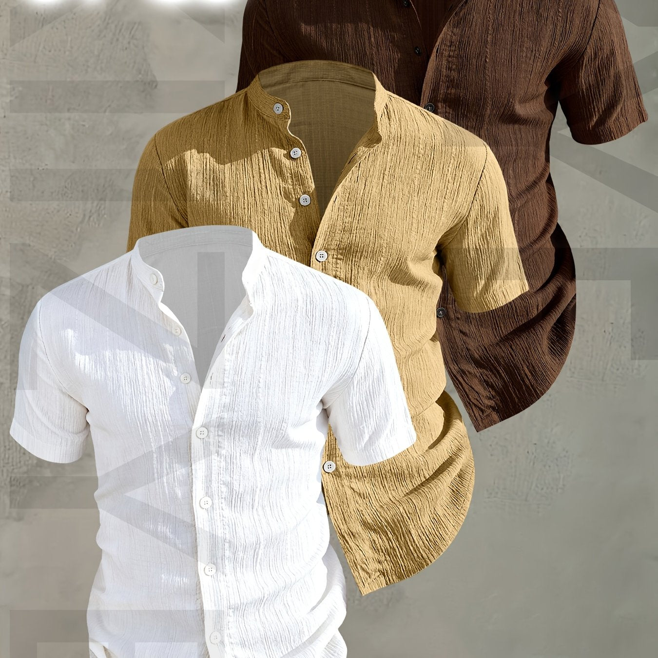 Herren 3er-Pack Stehkragen Hemden – Modischer Freizeit Look, Kurzarm, Knopfleiste