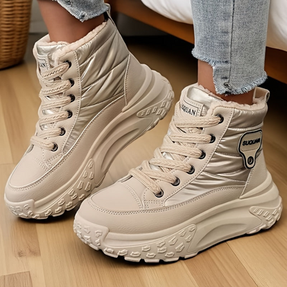 Damen Winter Stiefel Hoher Schaft Schnürsenkel Fellfutter Beige