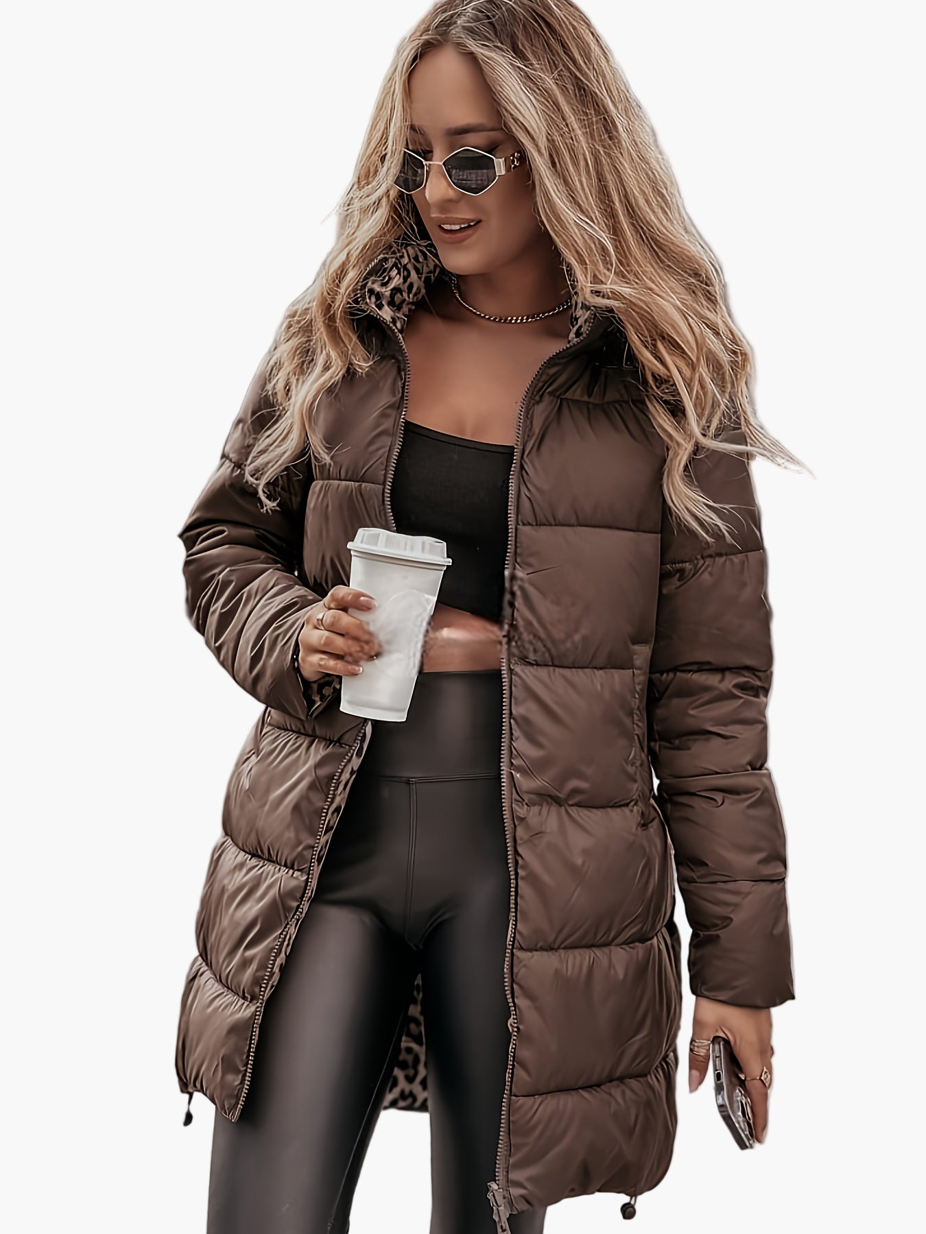 Damen Winter Steppmantel im Leoparden-Stil – Modischer, warmer Alltagsmantel mit Taschen