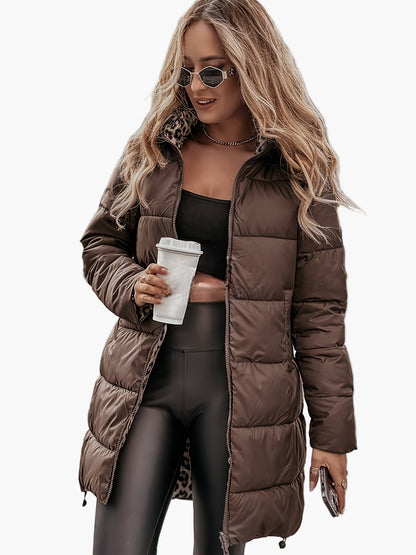 Damen Winter Steppmantel im Leoparden-Stil – Modischer, warmer Alltagsmantel mit Taschen