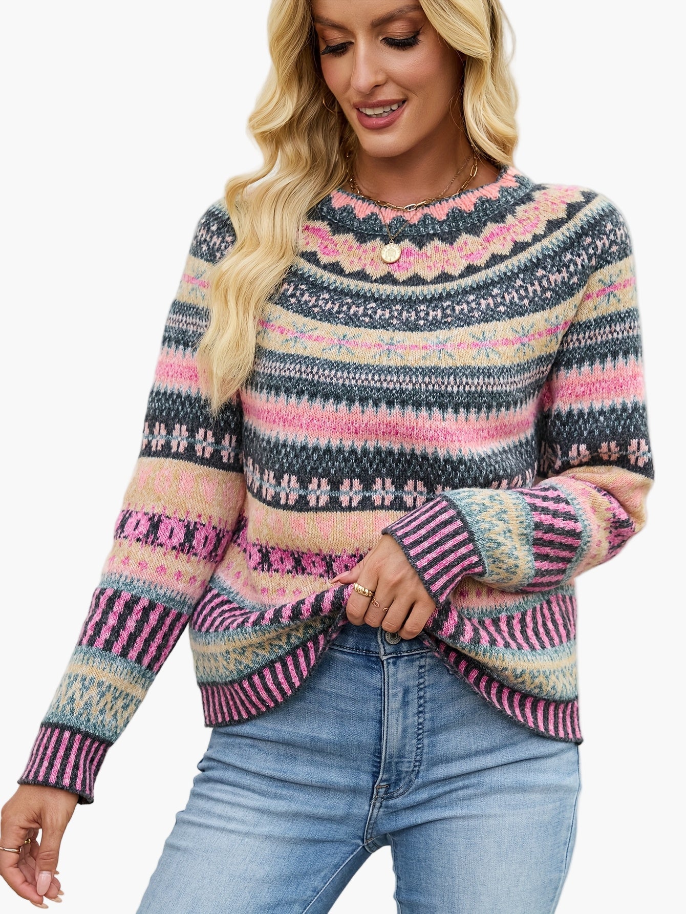 Damen Pullover Eleganter Strick Fair Isle Muster Herbst Winter Freizeit