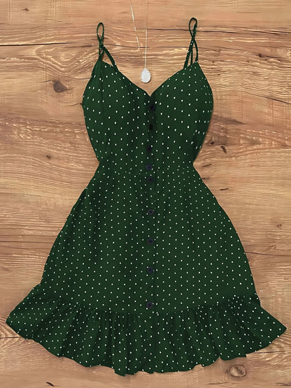 Damen Polka Dot Trägerkleid mit Knopfleiste und Rüschen – Vintage Style Freizeitkleid