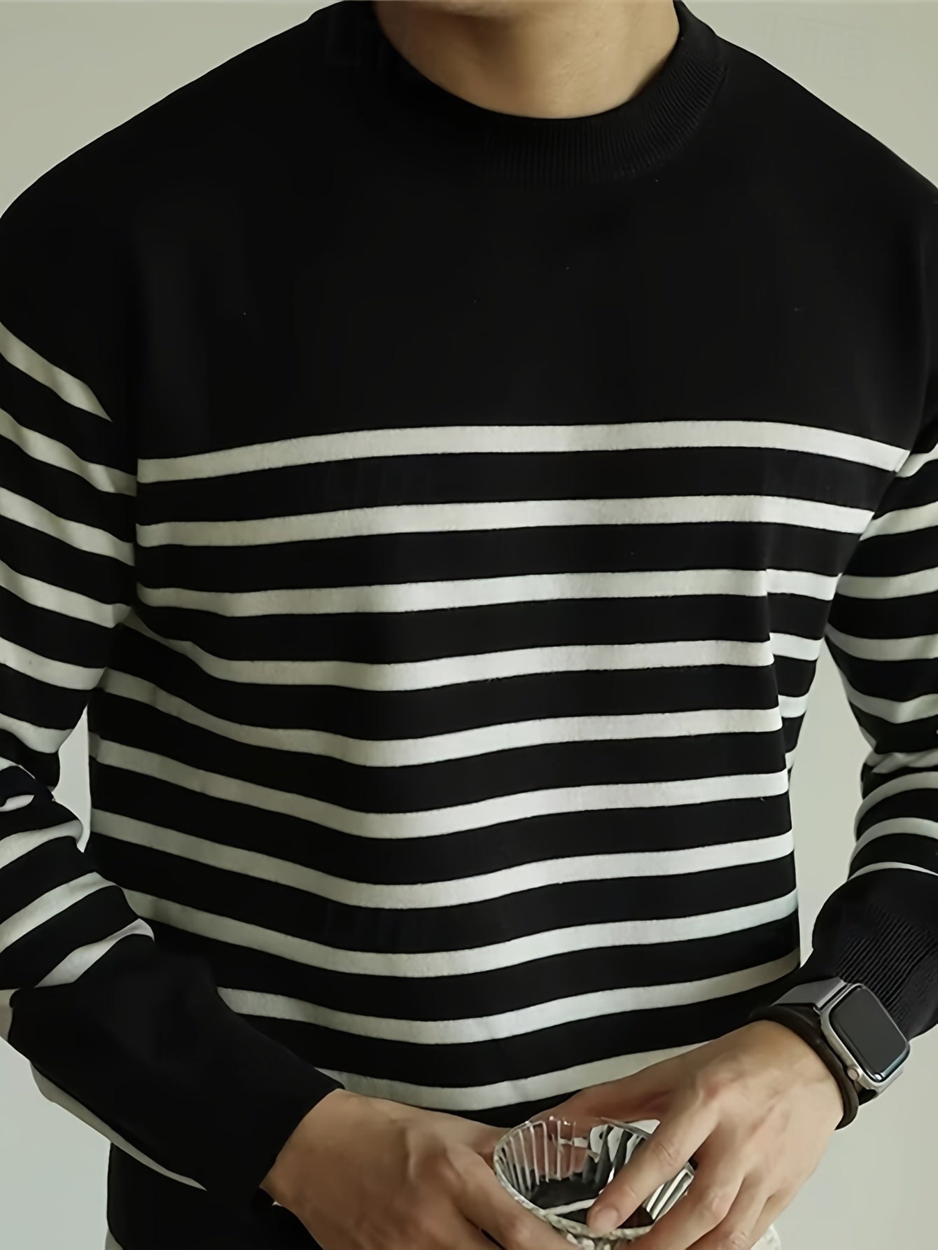 Herren Langarmshirt Gestreift Rundhals Casual Schwarz Weiß Blau