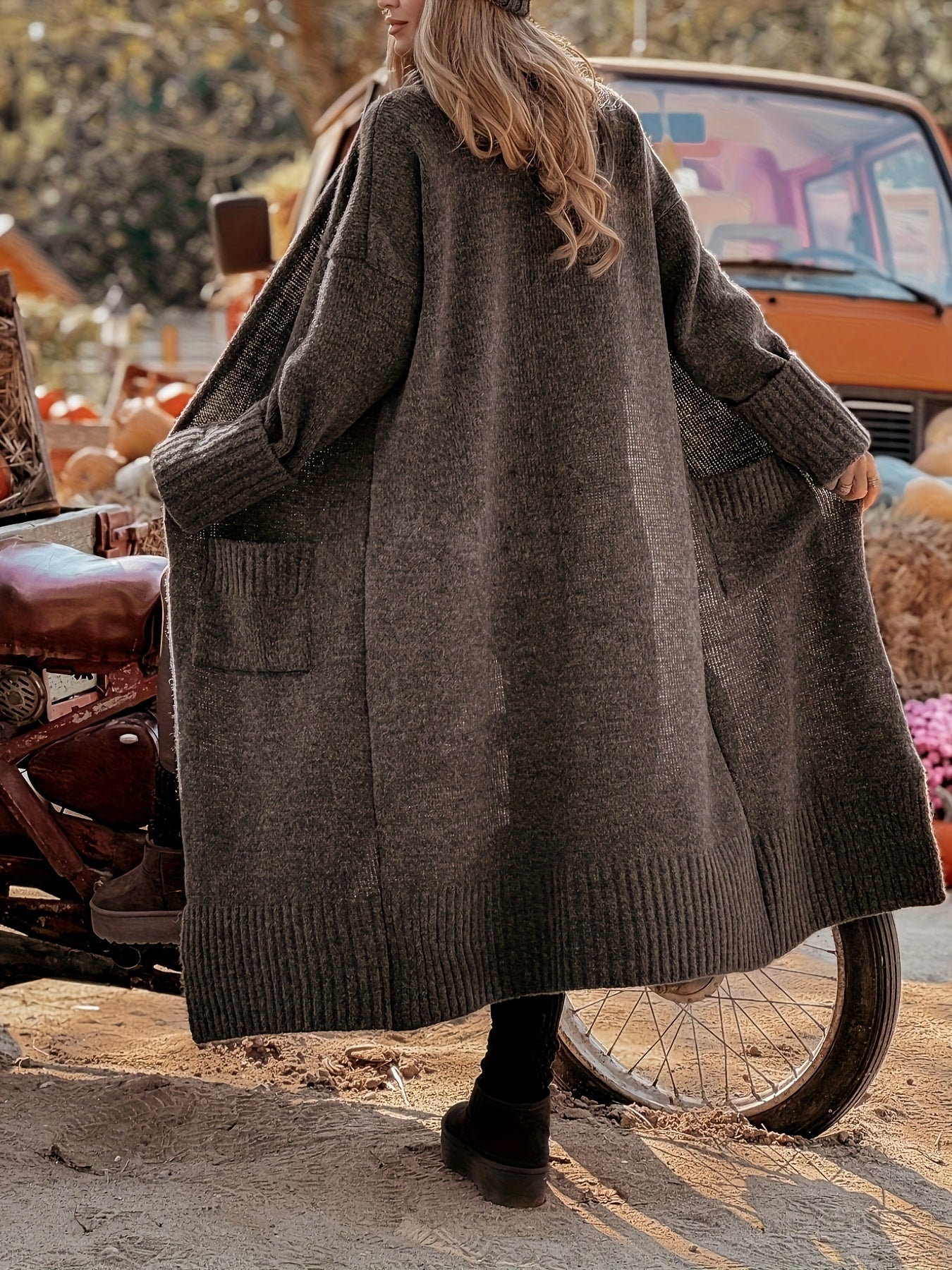 Damen Langer Strick-Cardigan mit Taschen und langen Ärmeln Braun