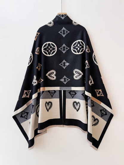 Damen Poncho mit Herz- und Muster-Print, Weicher Umhang mit Fransen, Einheitsgröße