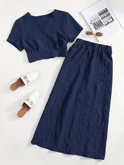 Damen Zweiteiliges Set mit Kurzarm Crop Top und Knopfleiste, Eleganter A-Linien Midi Rock, Modischer Freizeit-Look