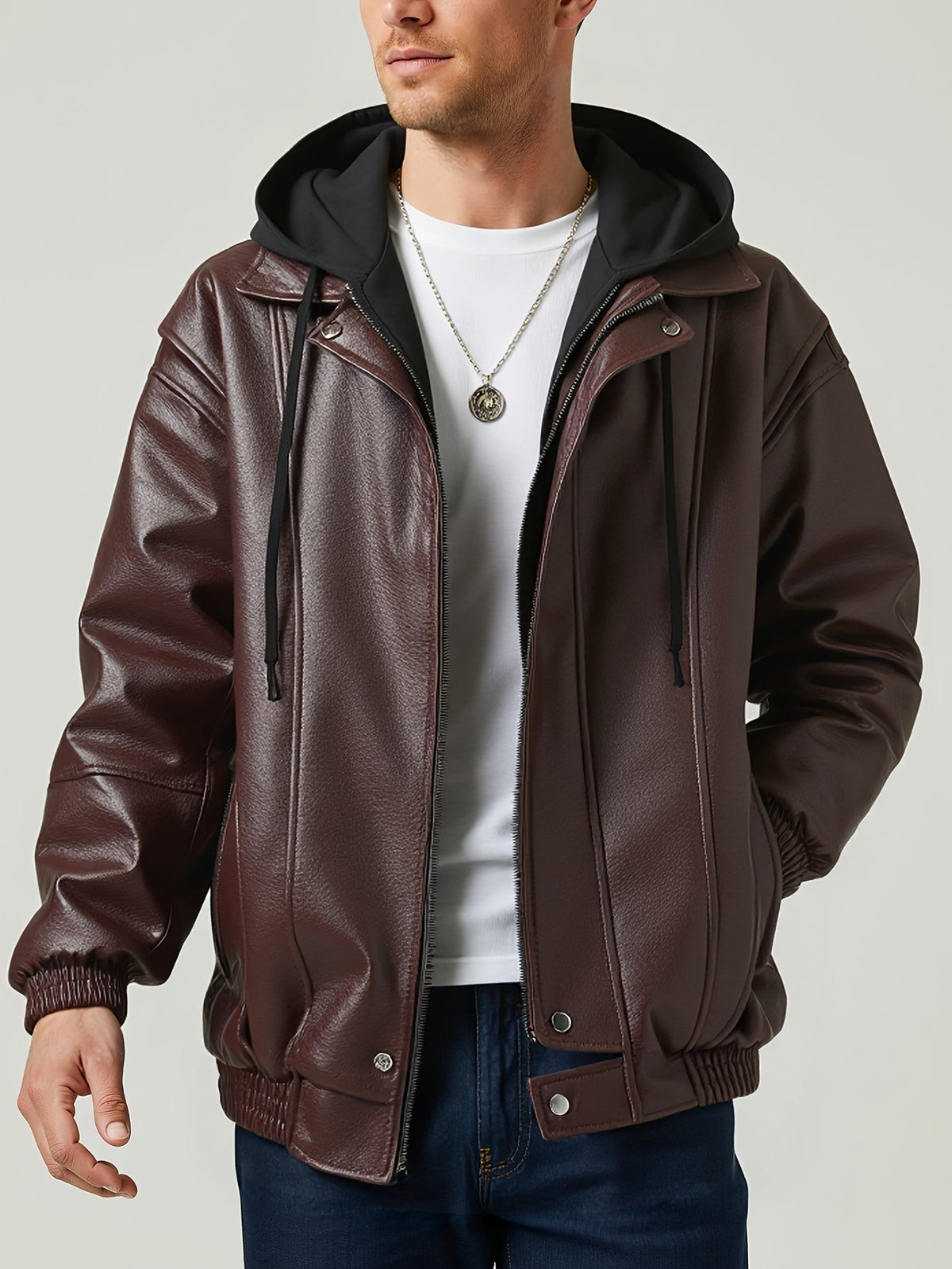 Herren Bomberjacke mit Kapuze, Glatte Oberfläche, Braun/Schwarz