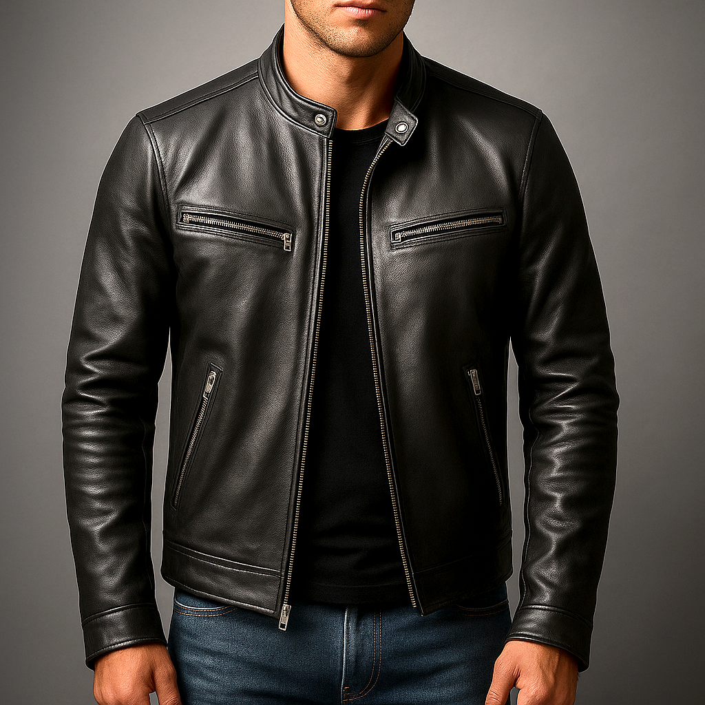 Herren Bikerjacke Grün mit Stehkragen und Reißverschlüssen