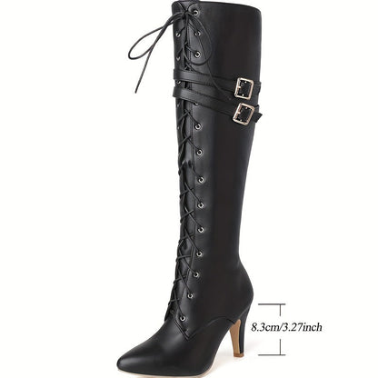 Damen Stiefel Schwarz mit Schnürung & Schnallen Hoher Absatz Spitz