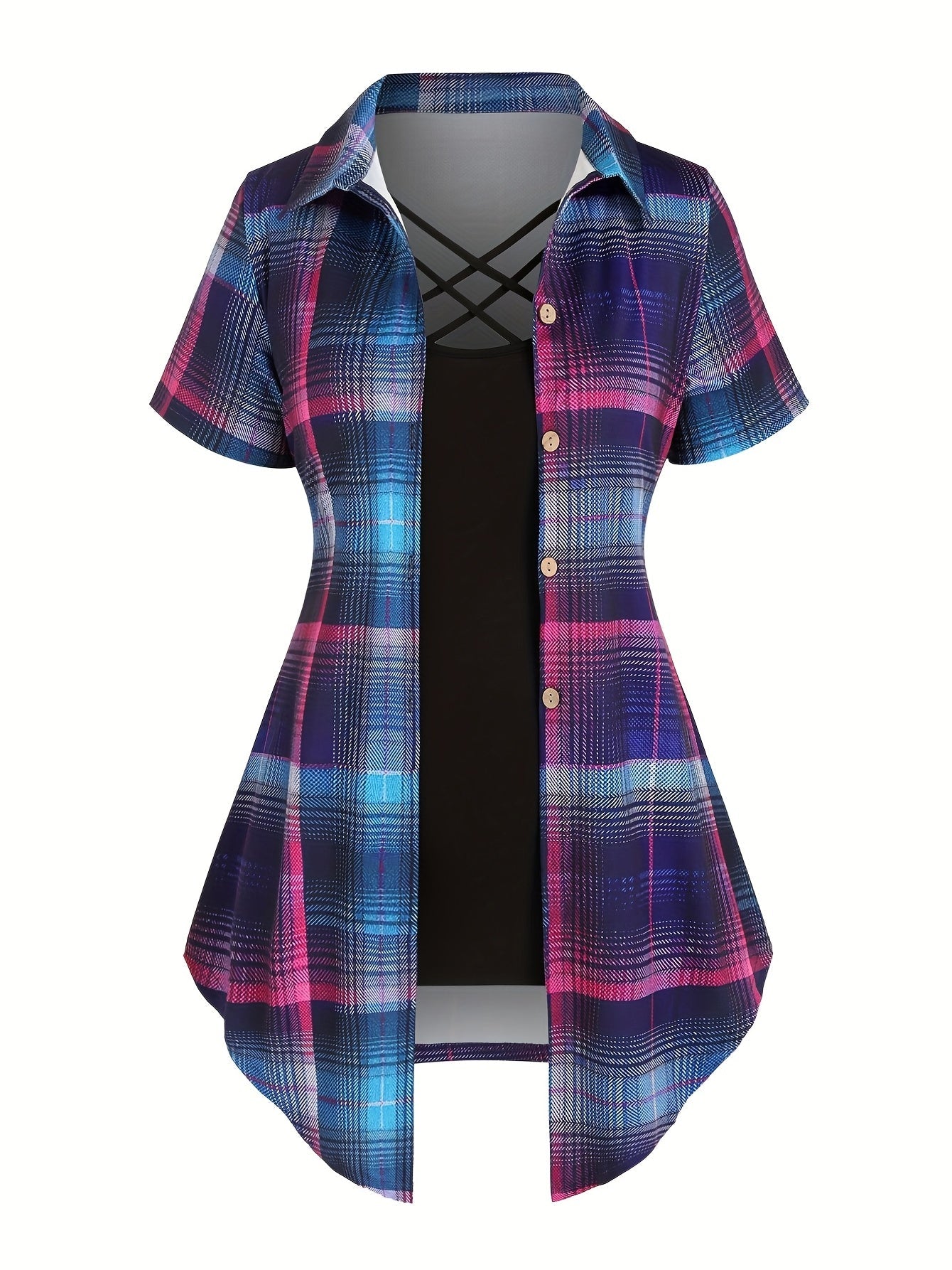 Damen Kurzarm Karo Hemdbluse mit Überkreuz-Detail – Eleganter Freizeit-Look für den Sommer
