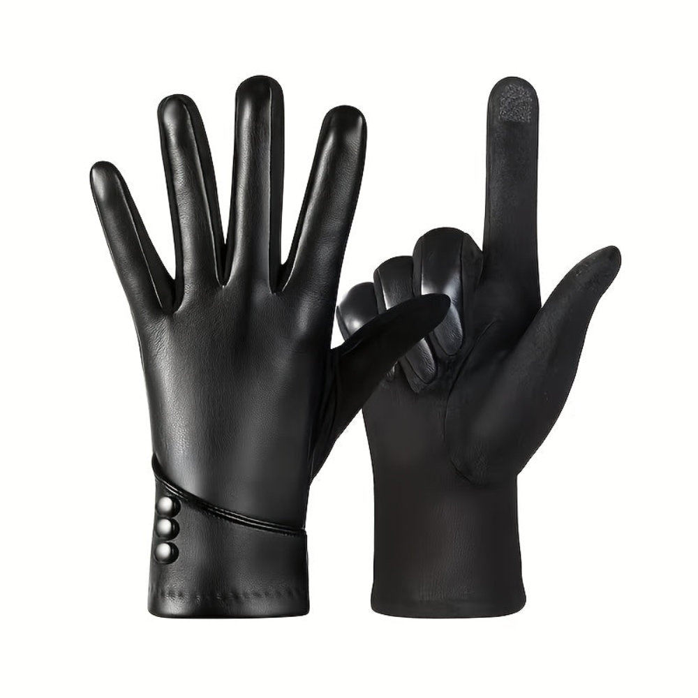Schwarze Handschuhe mit Zierknöpfen Touchscreen-kompatibel