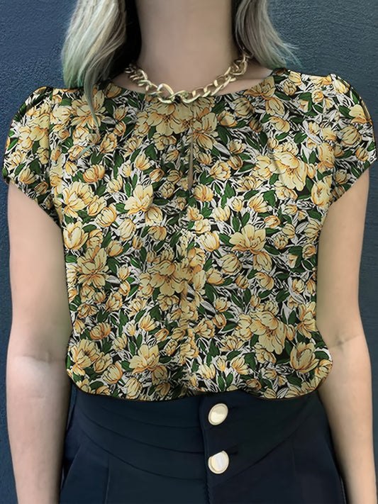 Damen Bluse mit Blumenmuster und Raffungen – Kurzarm, elegant, vielseitig für Büro & Freizeit