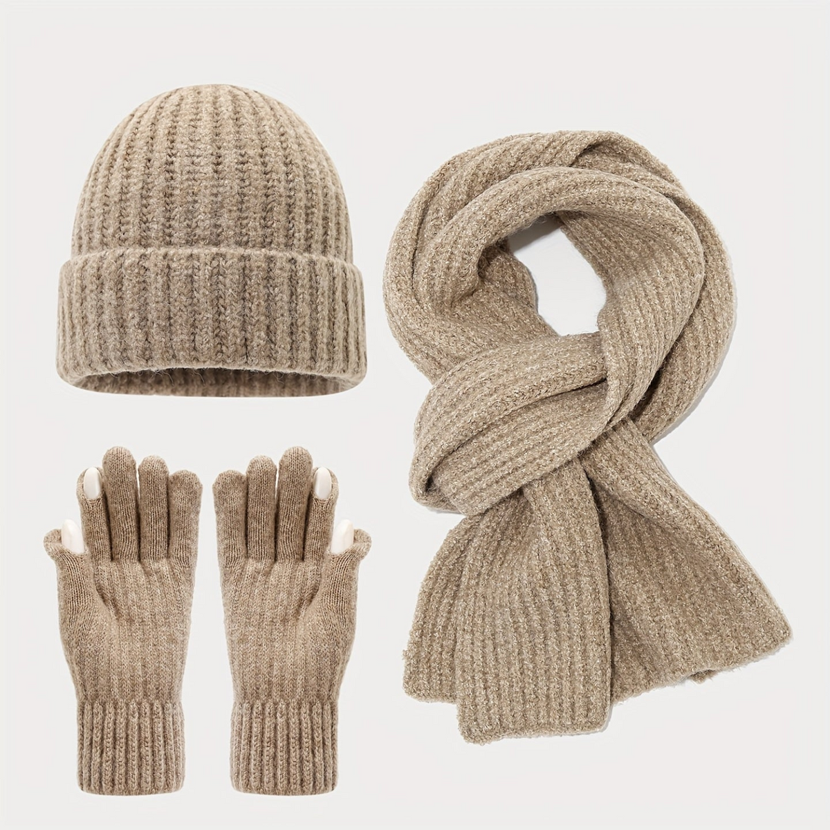 Geripptes Strickmützen-Schal-Handschuh-Set, Winter Accessoire Set in Uni-Farben