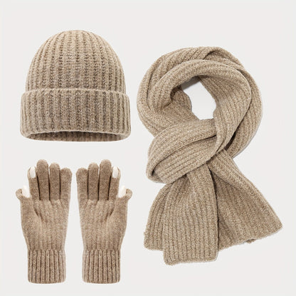 Geripptes Strickmützen-Schal-Handschuh-Set, Winter Accessoire Set in Uni-Farben