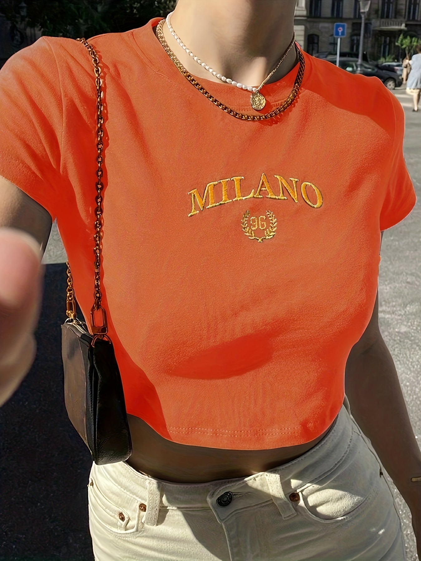 Damen Crop T-Shirt Milano Stickerei Y2K Streetwear