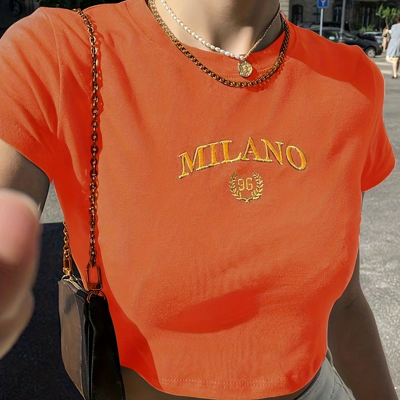 Damen Crop T-Shirt Milano Stickerei Y2K Streetwear