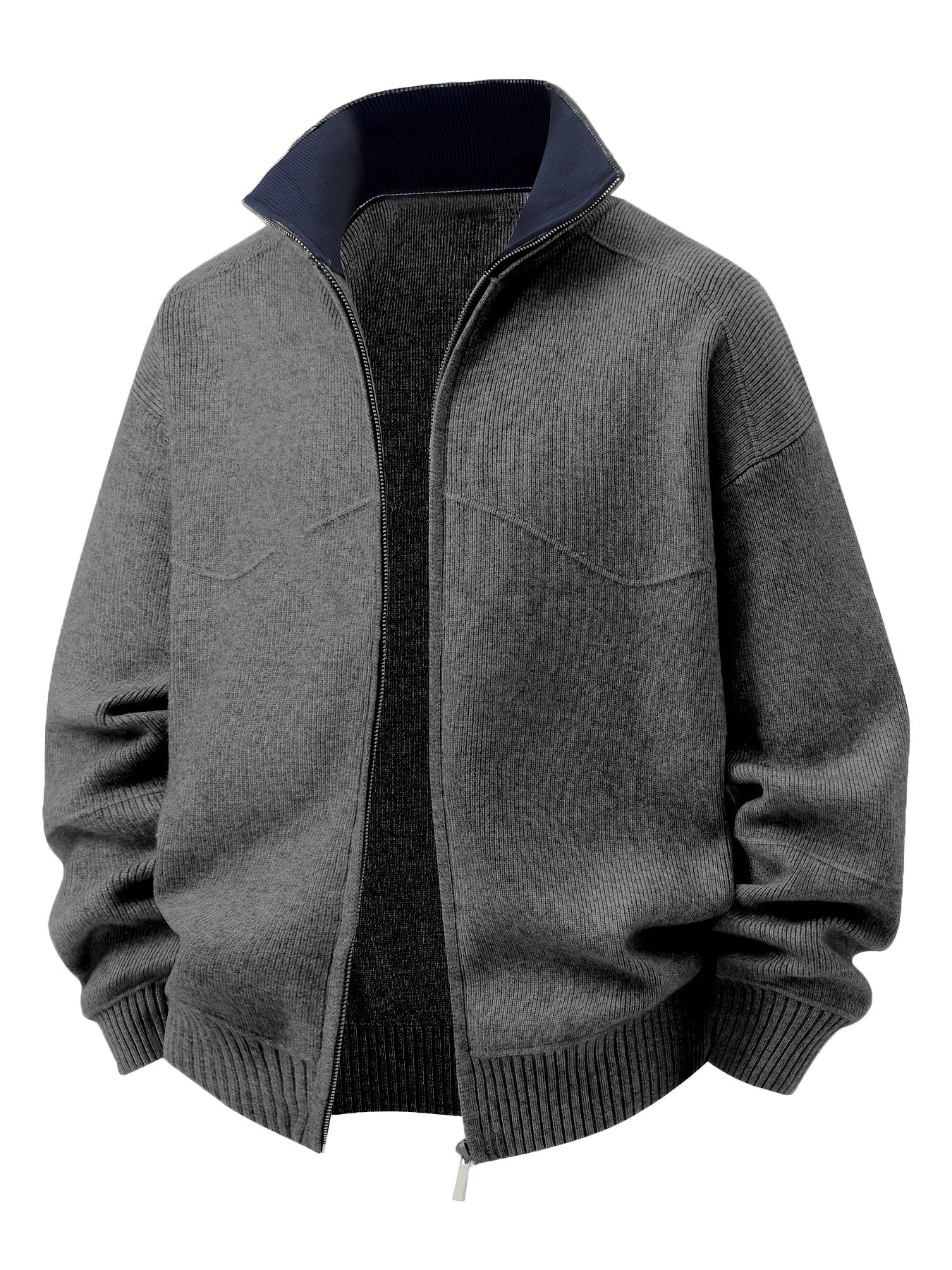 Herren Strickjacke Reißverschluss Stehkragen Rippbündchen Dunkelgrau