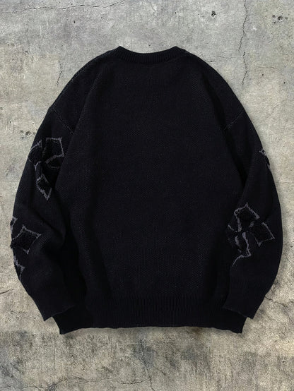 Pullover mit Kreuzmuster Schwarz Strick Rundhalsausschnitt Langarm