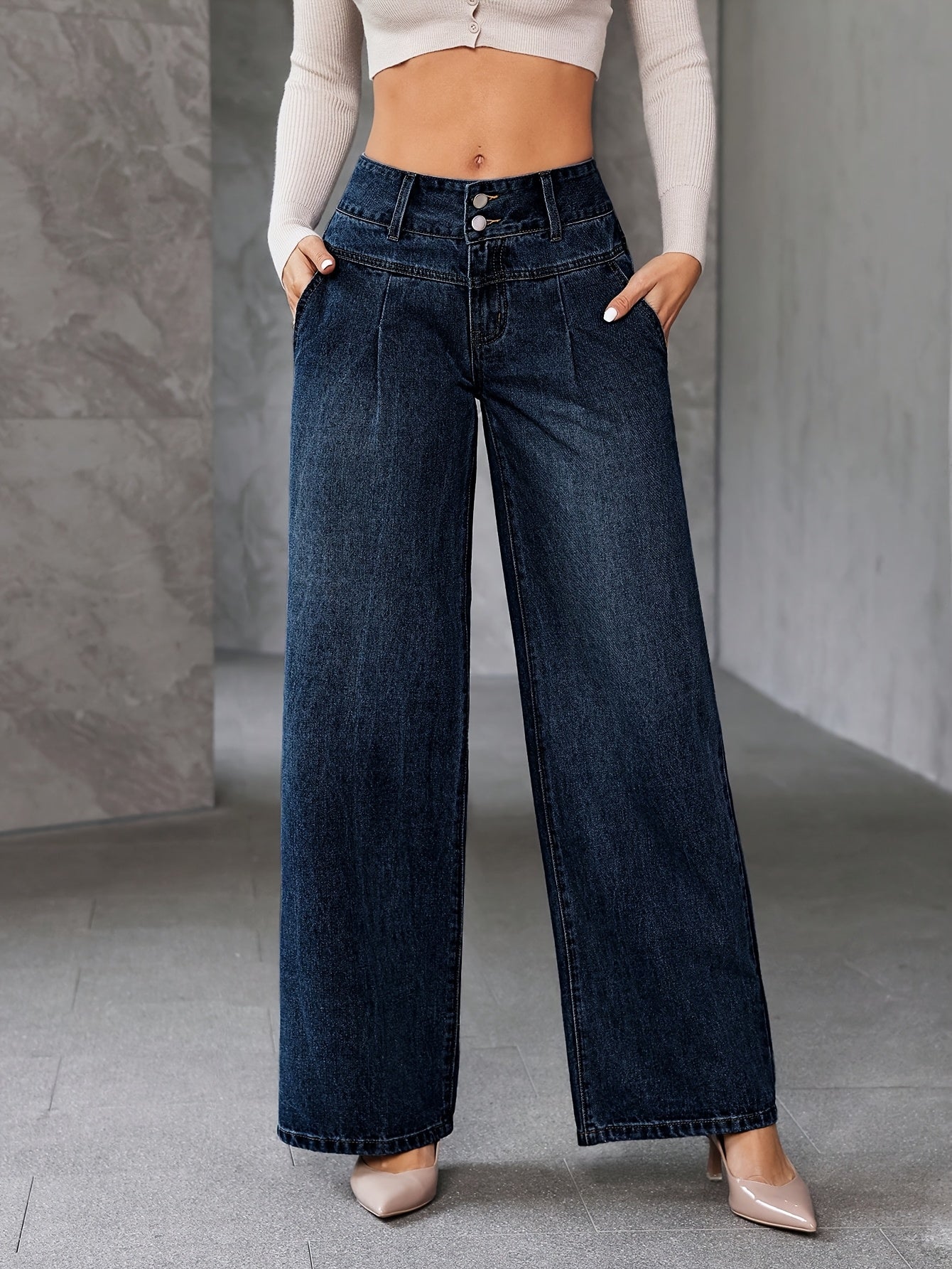 Damen Weitbein Jeans High Waist Elegant Freizeitmode