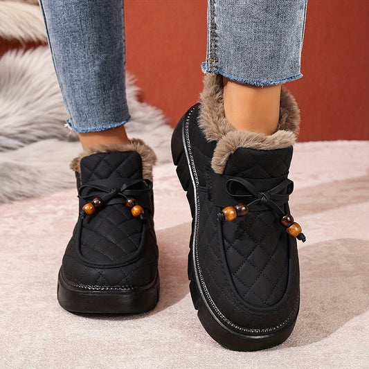 Damen Winter Stiefeletten gesteppt mit Kunstfellfutter & dicker Sohle Schwarz