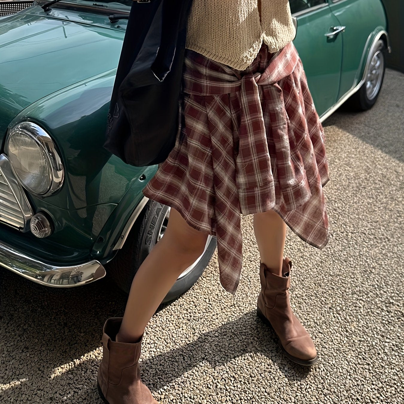 Damen Asymmetrischer Streetstyle-Rock mit Karo-Design und Knotendetail