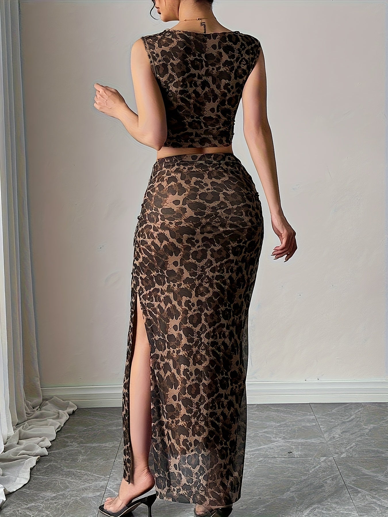Damen Elegantes 2-teiliges Set mit Leopardenmuster – Crop Top und Lange Rock für Freizeit & Party