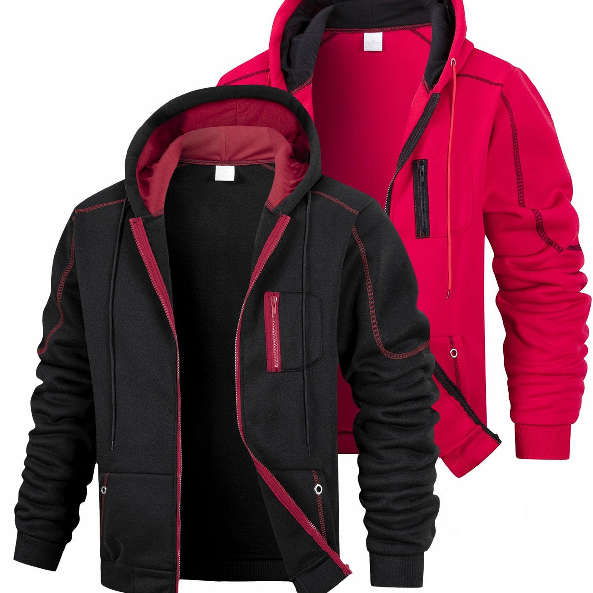 Herren Hoodie mit Reißverschluss 2er-Set, Kontrastnähte & Kapuze, Sport Freizeit