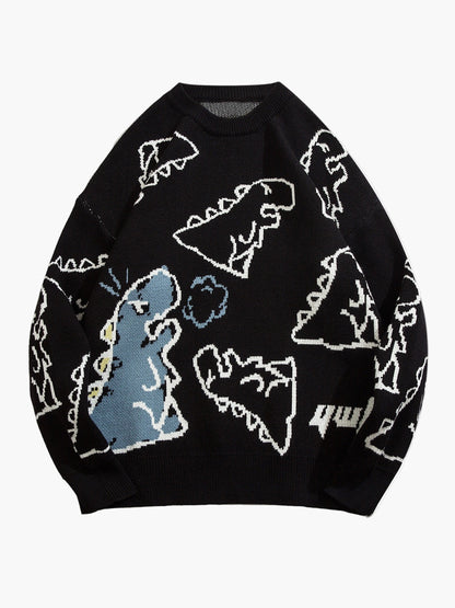 Herren Cartoon Dinosaurier Pullover – Lässiger Strickpullover für Herbst & Winter