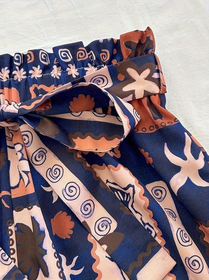 Damen Sommer-Set mit Top und tropischen Paperbag-Shorts – Modisches Urlaubsoutfit