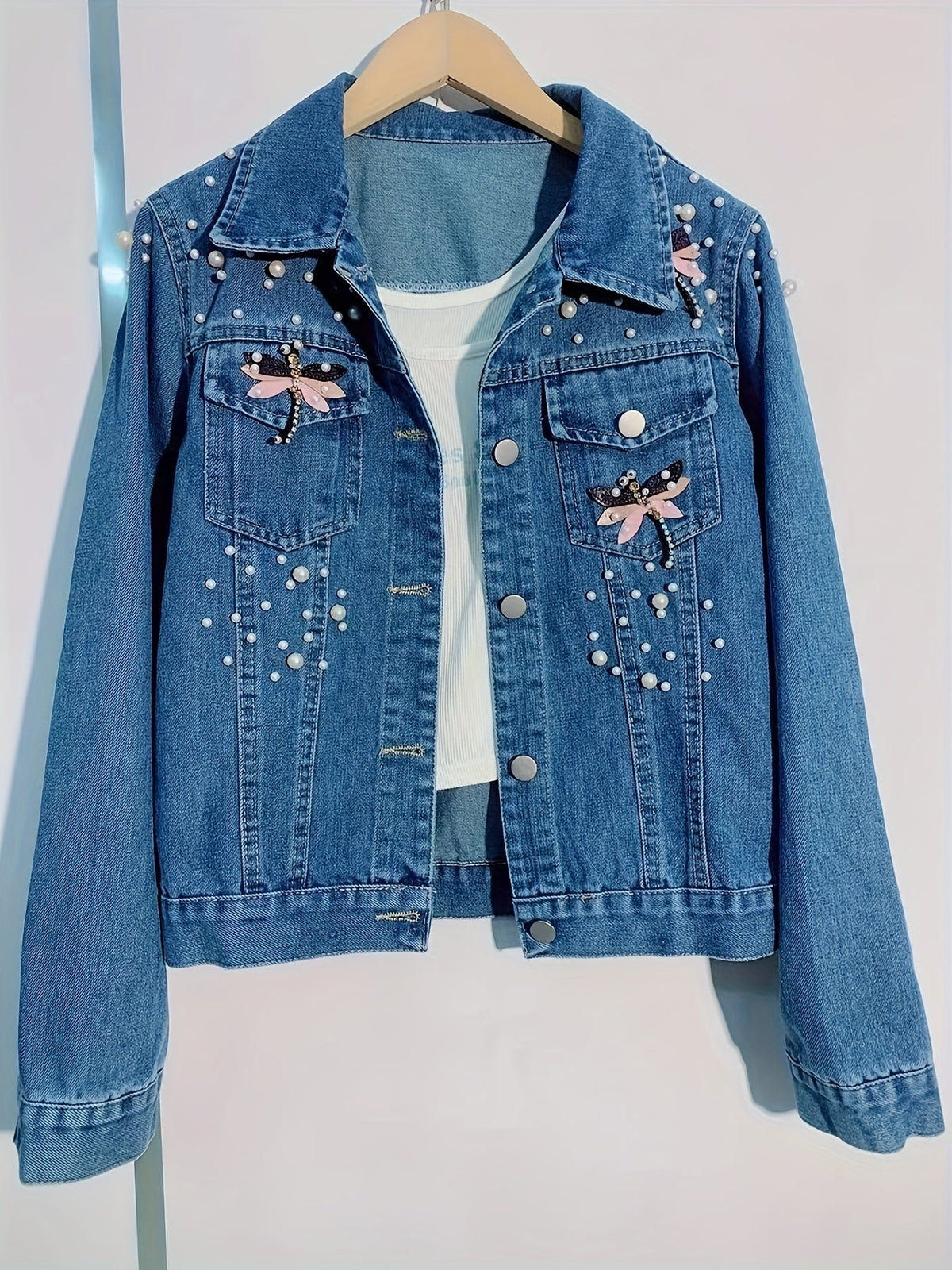 Damen Jeansjacke Dunkelblau mit Perlen und Stickerei