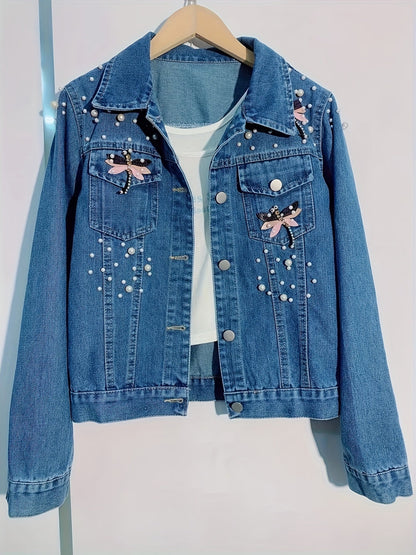 Damen Jeansjacke Dunkelblau mit Perlen und Stickerei