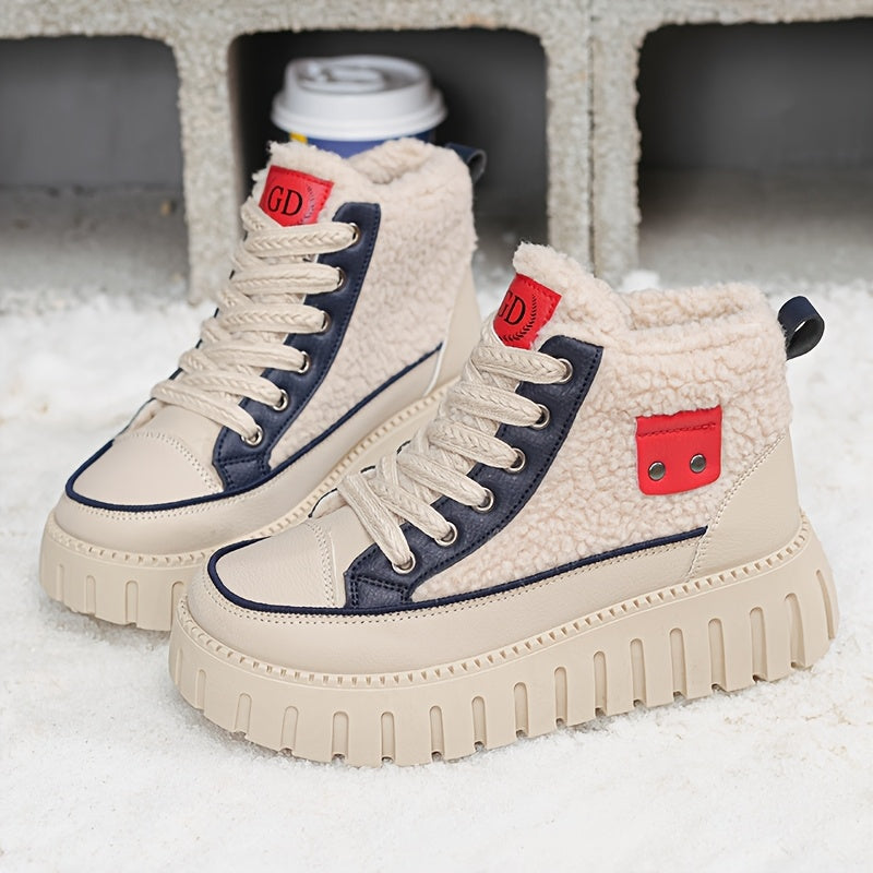 Damen Winter Plateaustiefel mit Teddyfutter, Schnürsenkel und Profilsohle