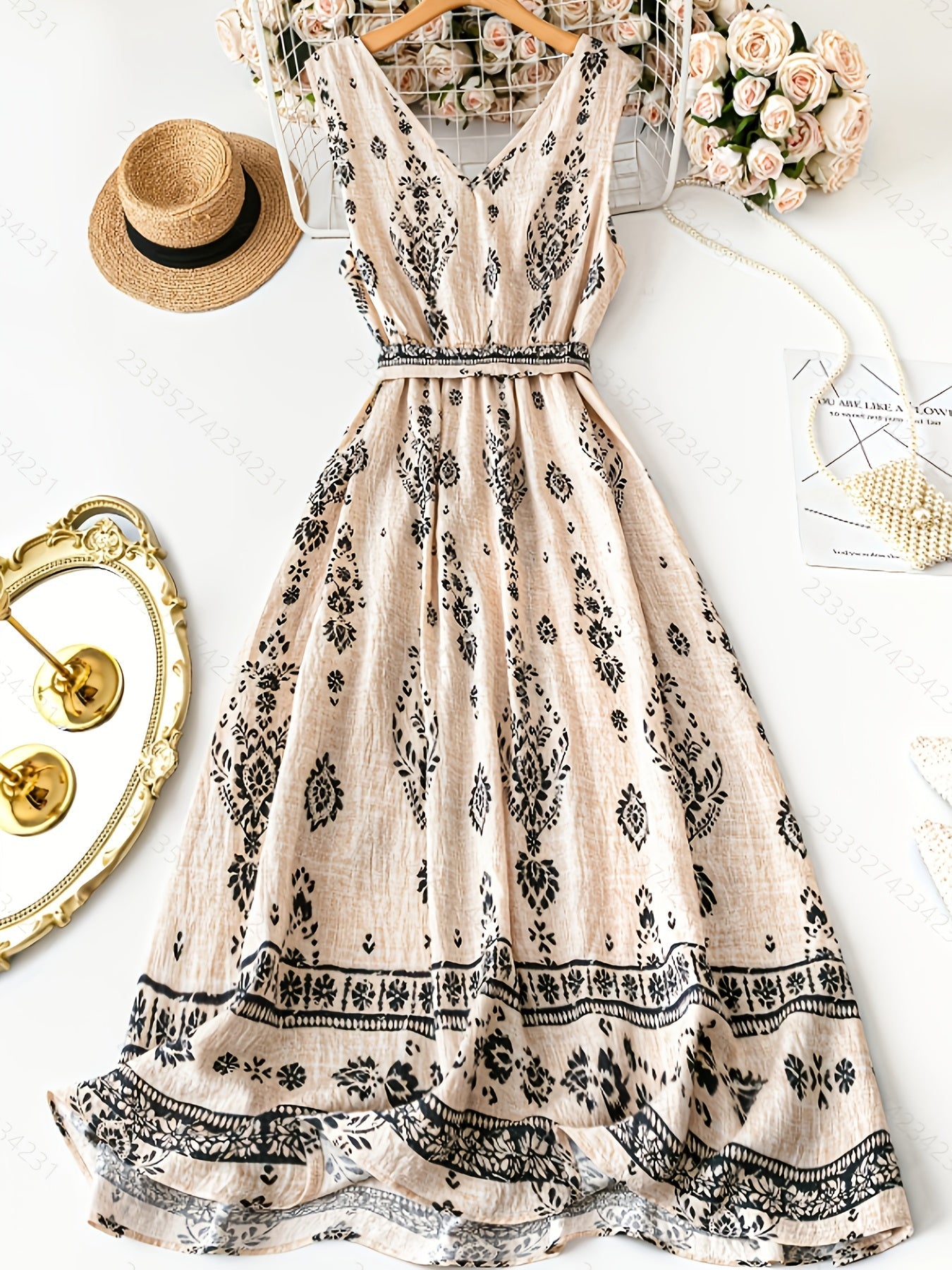 Damen Boho Maxikleid mit Gürtel und Vintage-Blumenmuster – Elegantes Sommerkleid für Freizeit, Strand & Gartenparty