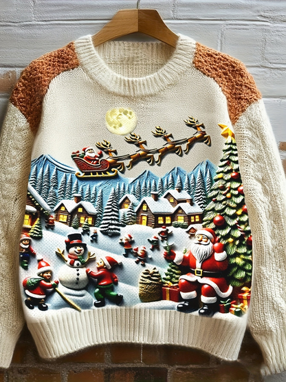 Damen Pullover Beige mit Katzenmotiv und Blumen – Rundhals Strickpullover