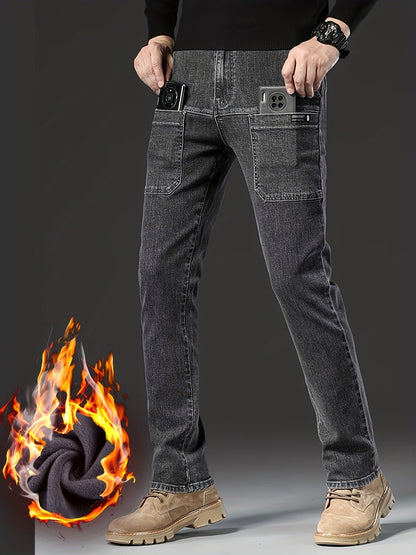 Herren Winter Jeans Hose gefüttert mit Cargotaschen Schwarz