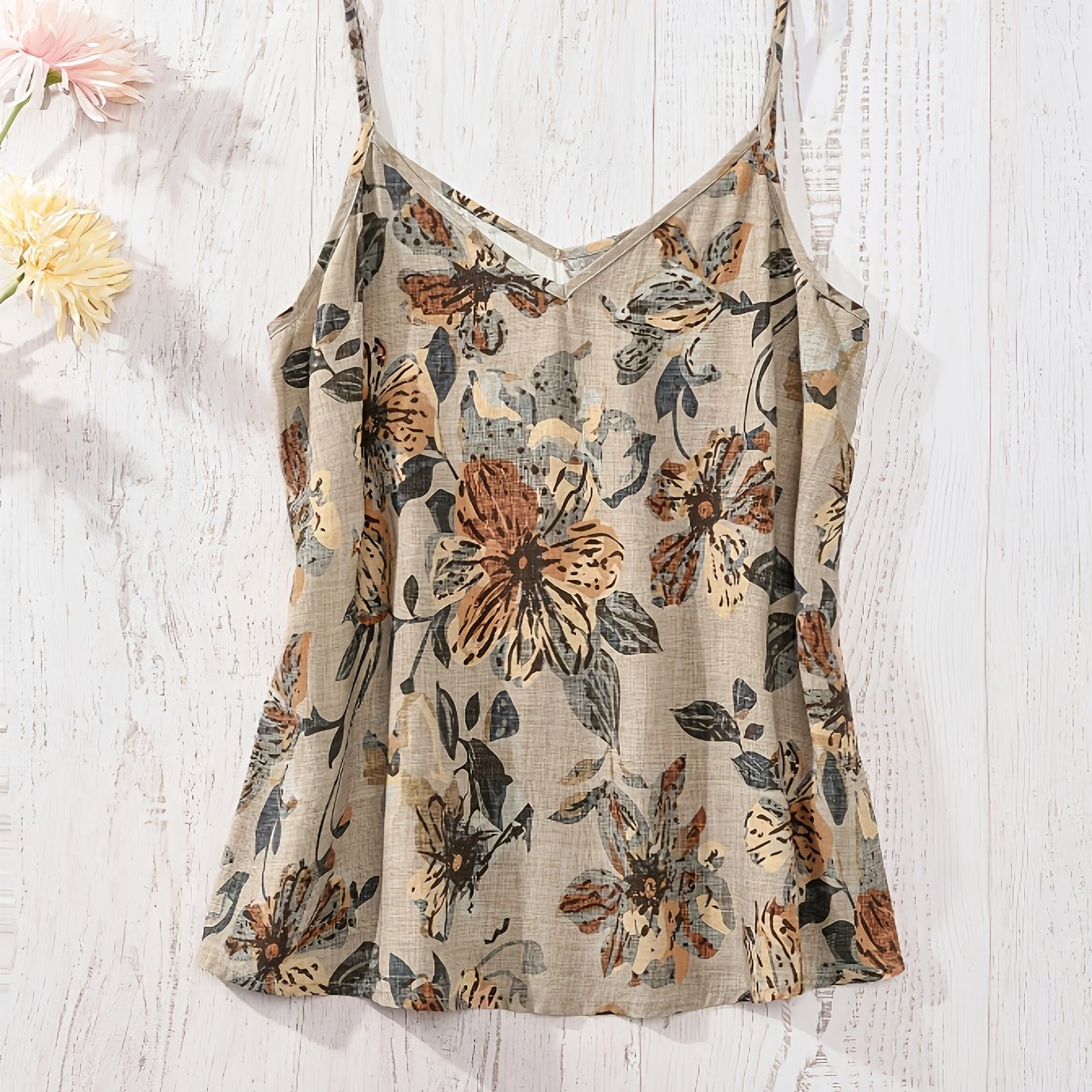 Damen Blumen-Top mit Spaghettiträgern und V-Ausschnitt – Sommerlich, Elegant, Ideal für Freizeit & Urlaub