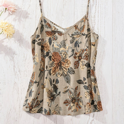 Damen Blumen-Top mit Spaghettiträgern und V-Ausschnitt – Sommerlich, Elegant, Ideal für Freizeit & Urlaub