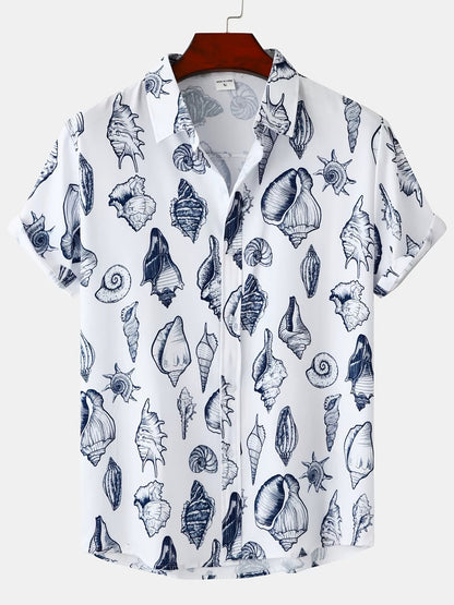 Herren Kurzarm Freizeithemd mit Muschel-Print – Modernes Urlaubshemd für Strand und Sommer
