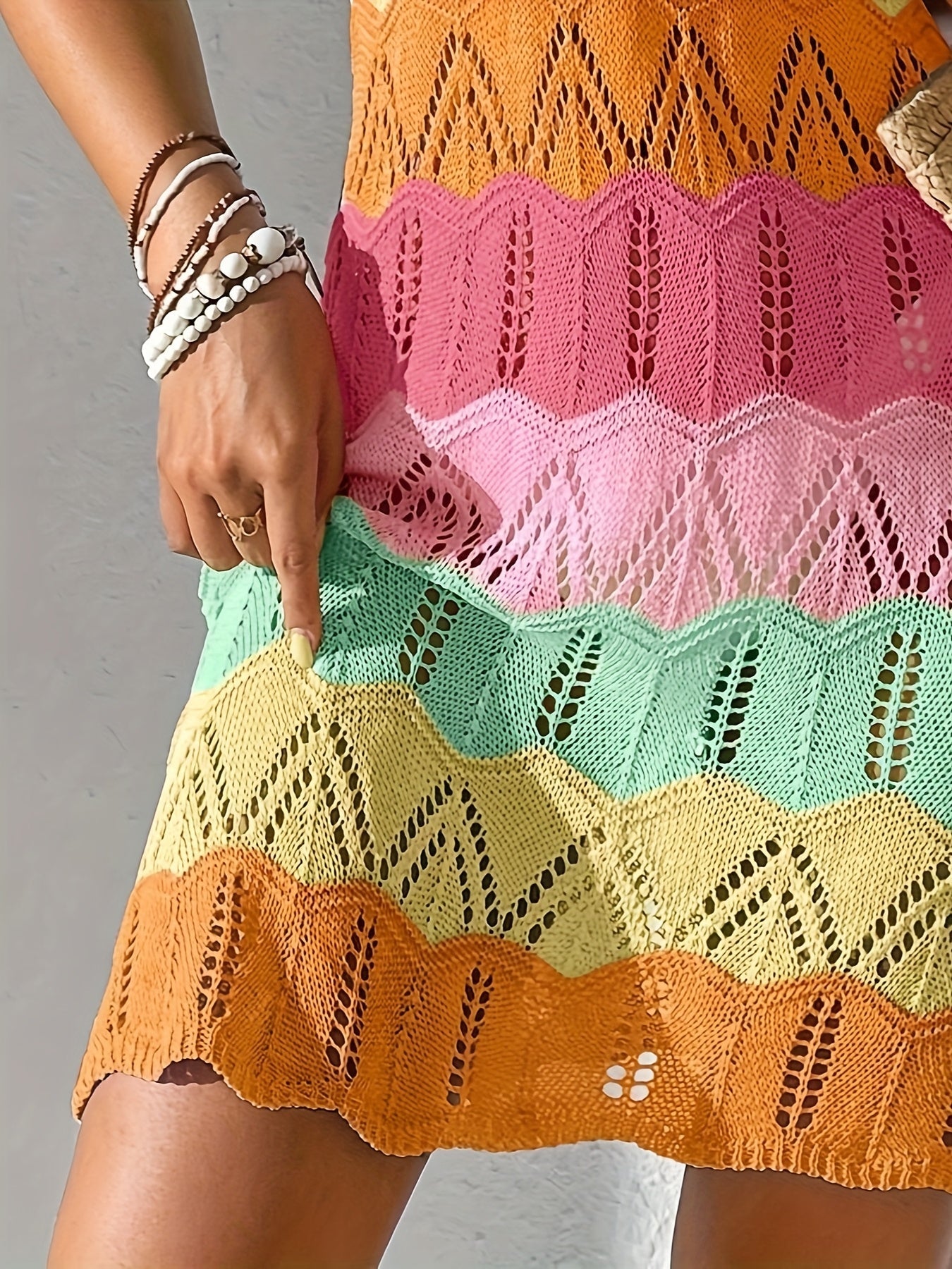 Damen Boho Häkel Minikleid mit Zickzackmuster für Urlaub und Freizeit