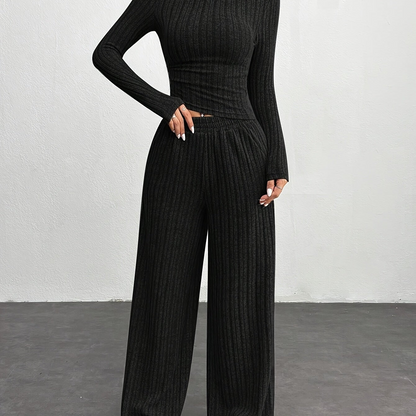 Damen Rippstrick-Set mit langärmligem Crop-Top und weiten Hosen, Grau