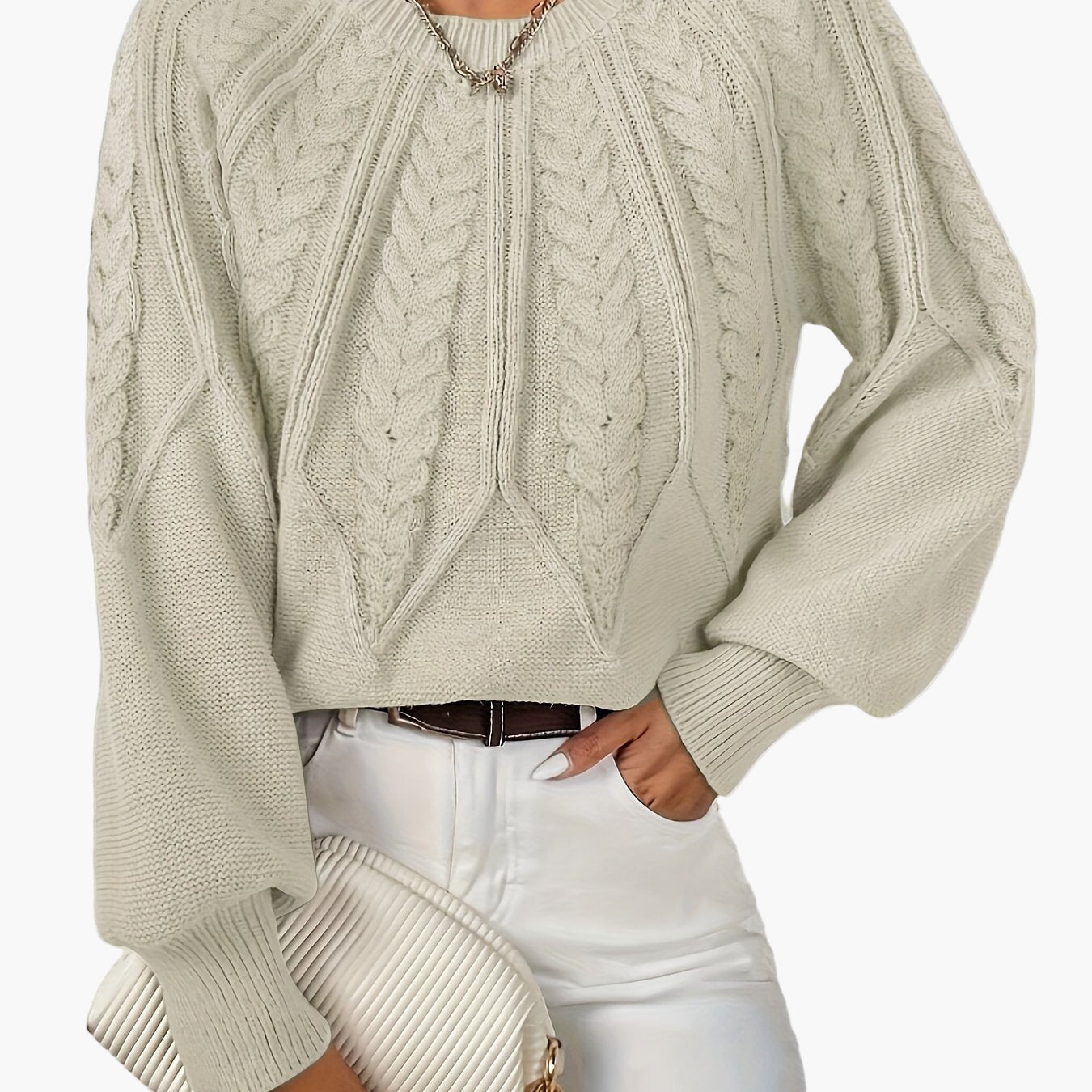 Damen Strickpullover mit Zopfmuster und Rundhalsausschnitt – Eleganter Alltagslook für Frühling & Herbst