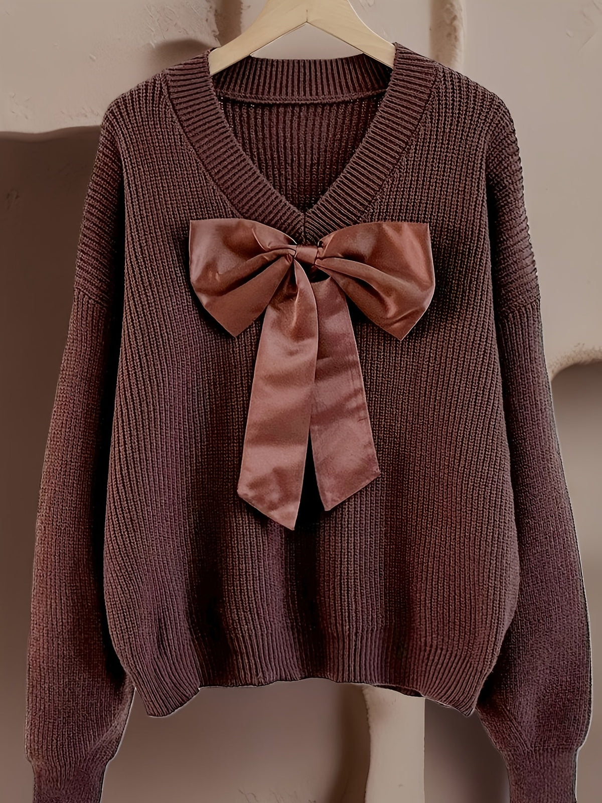 Damen Strickpullover V-Ausschnitt mit großer Schleife, Langarm