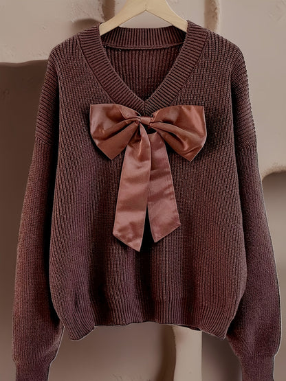 Damen Strickpullover V-Ausschnitt mit großer Schleife, Langarm